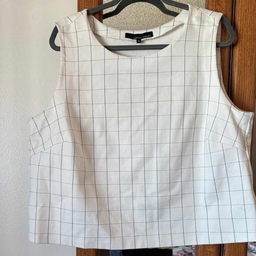Amanda + Chelsea Windowpane Check Sleeveless Top  White Black Grid Ponte Size 1x
